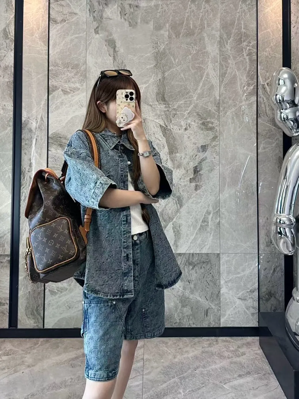 Louis Vuitton/Louis Vuitton 25ss all-over old flower jacquard suit denim short-sleeved shirt